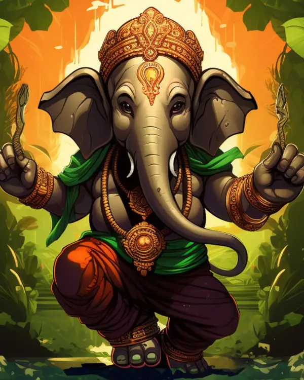 Ganesha standing in lush jungle foliage, surrounded by vibrant greenery.